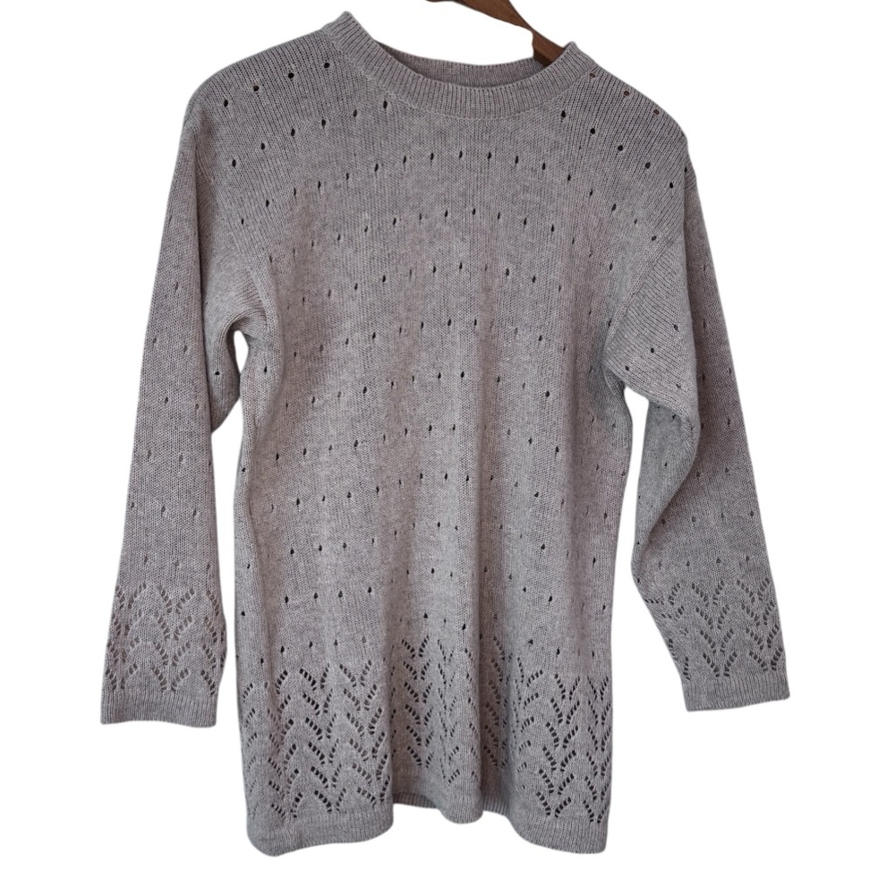VeTa Estonia Beige Linen Cotton Knit Sweater Eyelet Lace Hem Cottage Core